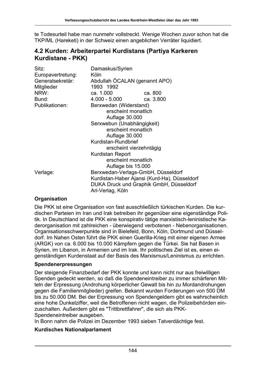 Seite 144 des Verfassungsschutzbericht 1993 Nordrhein-Westfalen