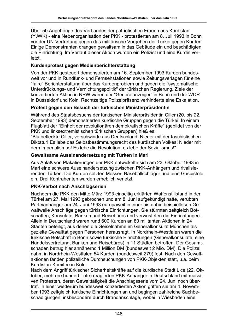 Seite 148 des Verfassungsschutzbericht 1993 Nordrhein-Westfalen