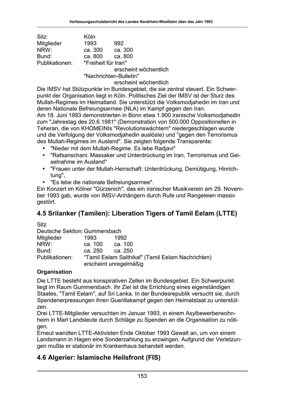 Seite 153 des Verfassungsschutzbericht 1993 Nordrhein-Westfalen