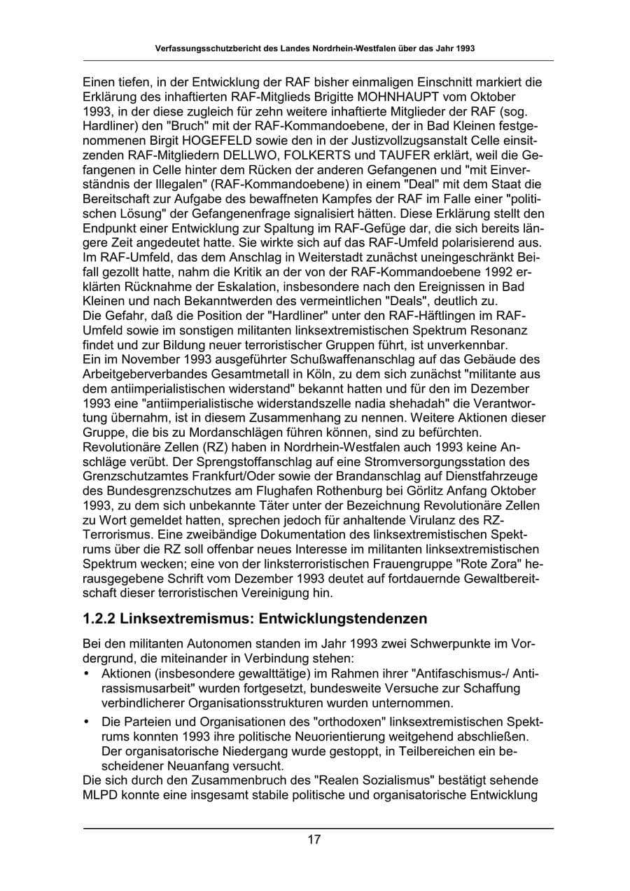 Seite 17 des Verfassungsschutzbericht 1993 Nordrhein-Westfalen