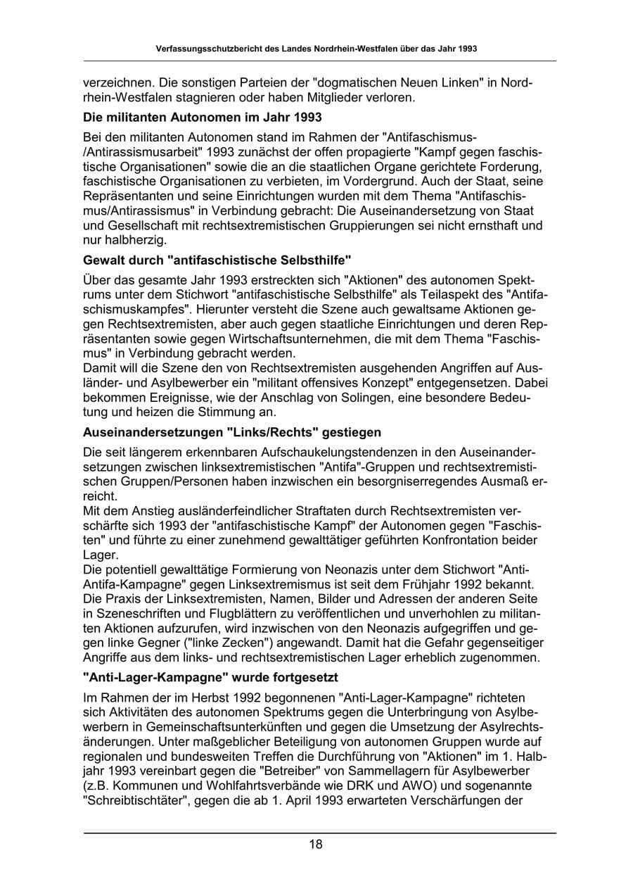 Seite 18 des Verfassungsschutzbericht 1993 Nordrhein-Westfalen