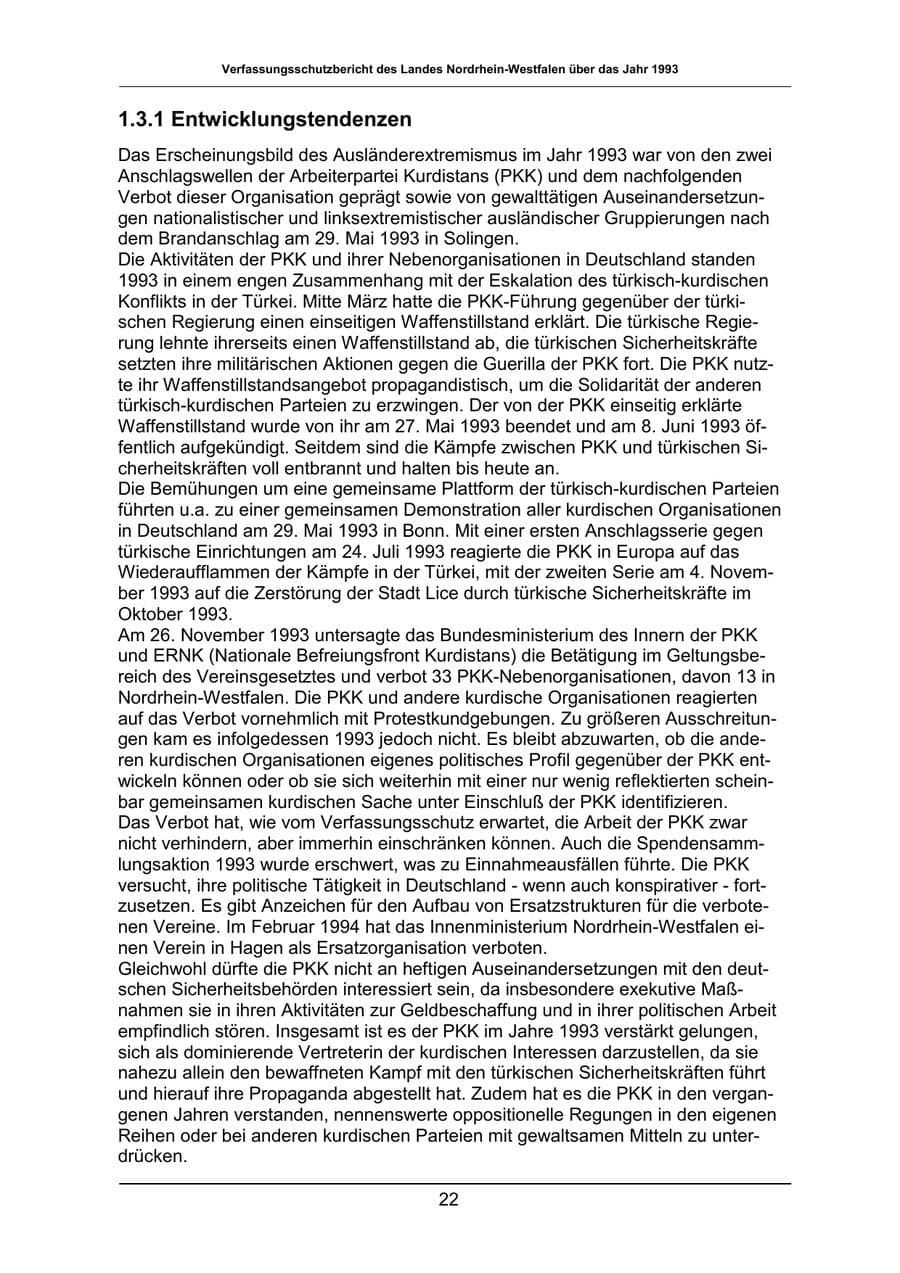Seite 22 des Verfassungsschutzbericht 1993 Nordrhein-Westfalen
