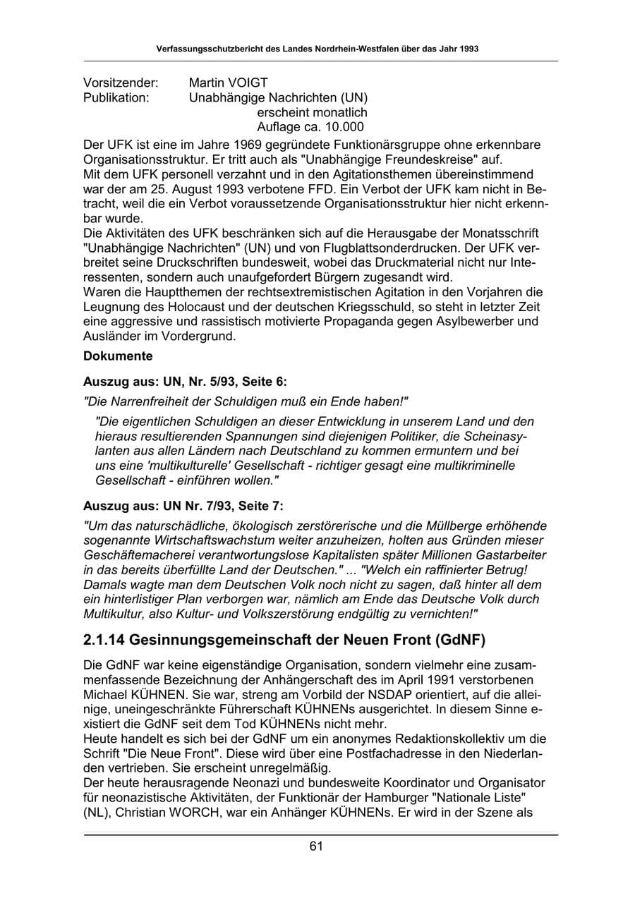 Seite 61 des Verfassungsschutzbericht 1993 Nordrhein-Westfalen