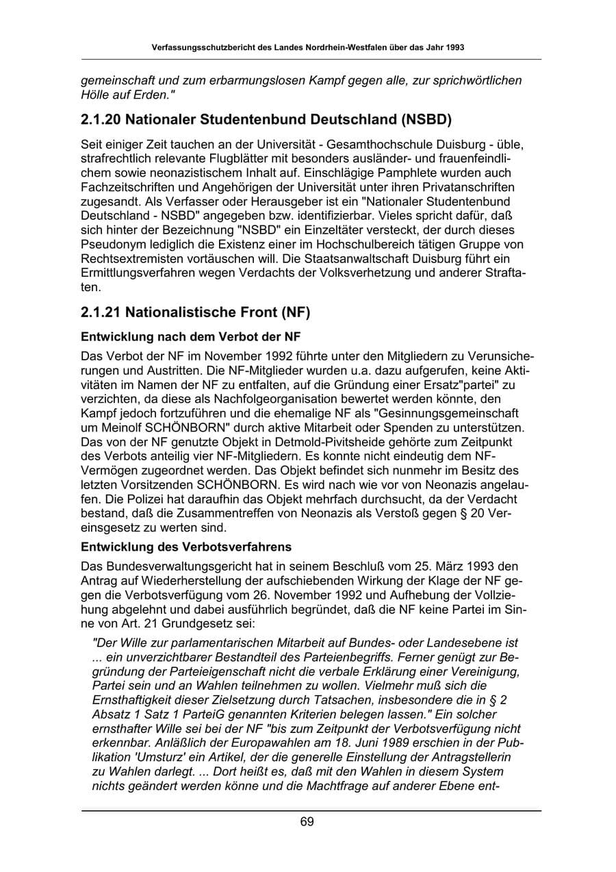 Seite 69 des Verfassungsschutzbericht 1993 Nordrhein-Westfalen