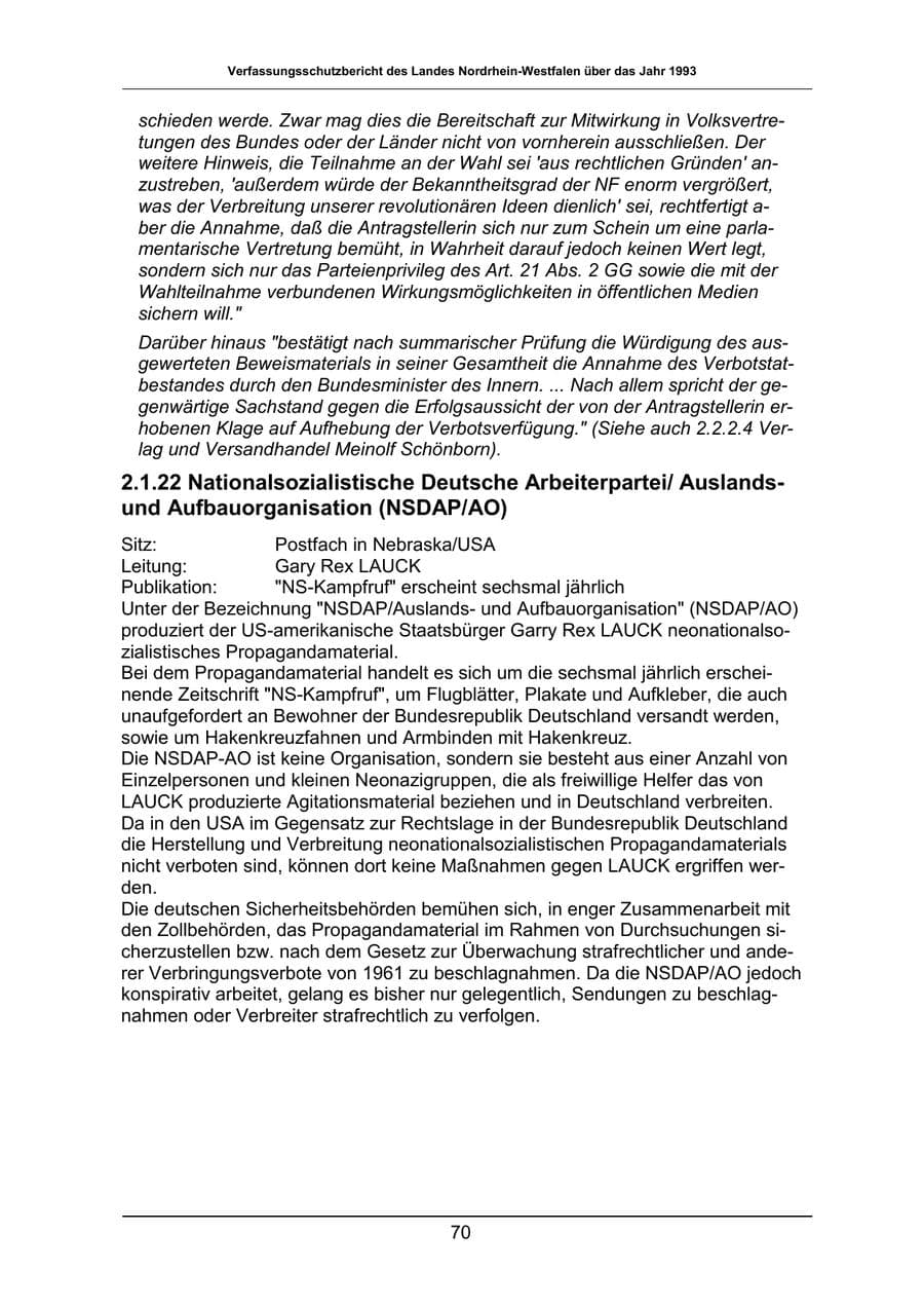 Seite 70 des Verfassungsschutzbericht 1993 Nordrhein-Westfalen
