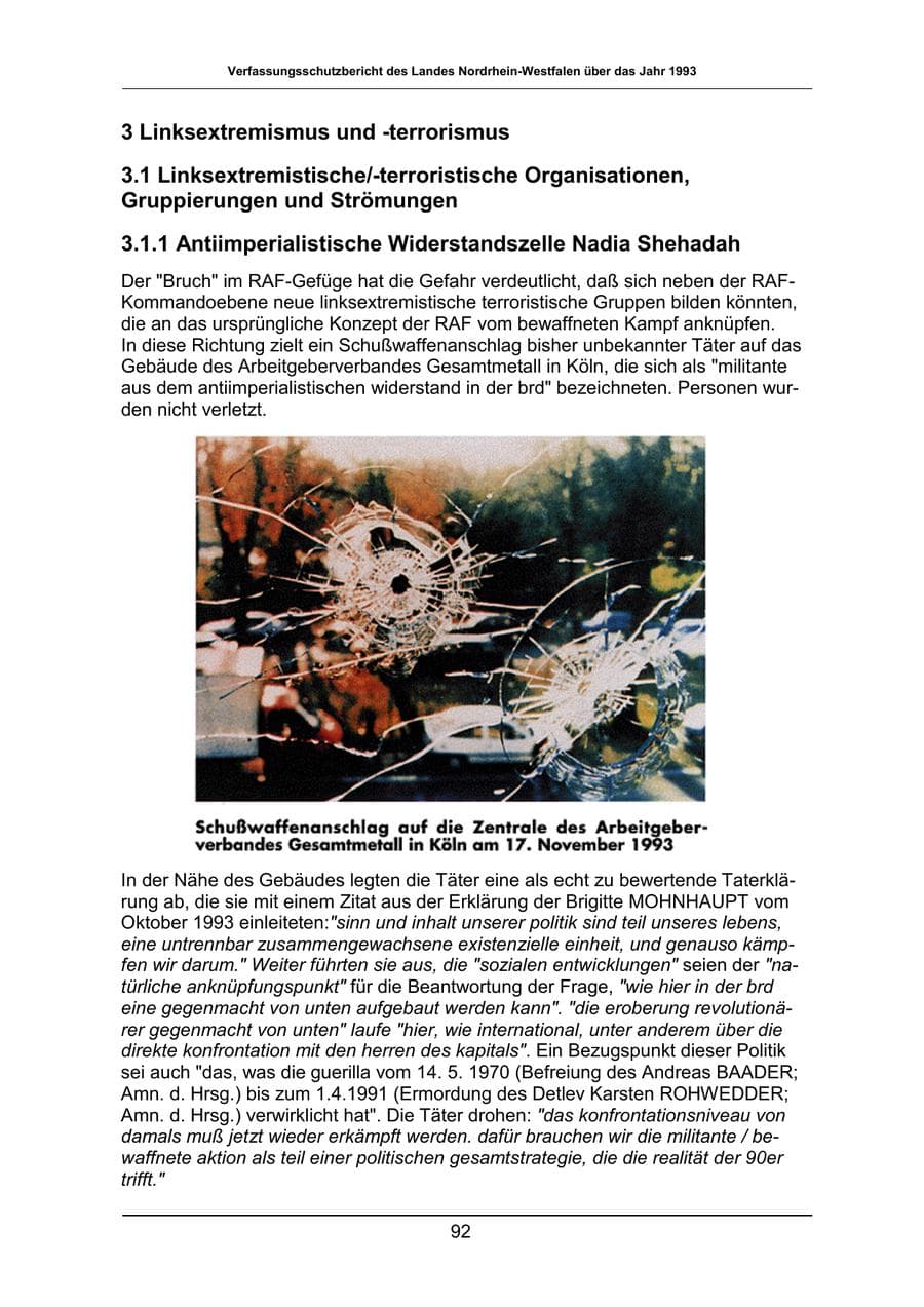 Seite 92 des Verfassungsschutzbericht 1993 Nordrhein-Westfalen