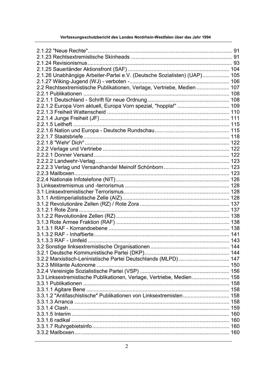 Seite 2 des Verfassungsschutzbericht 1994 Nordrhein-Westfalen