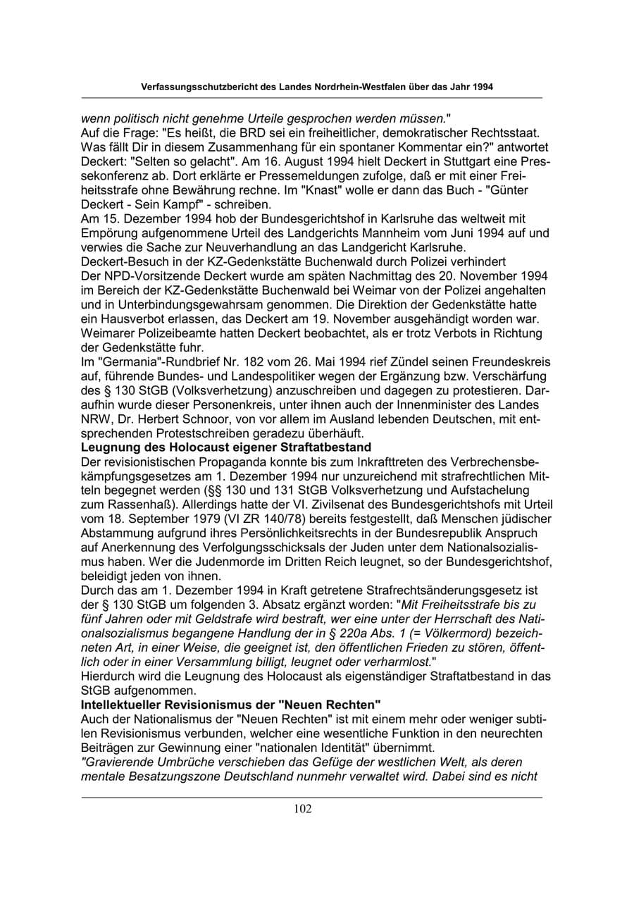 Seite 102 des Verfassungsschutzbericht 1994 Nordrhein-Westfalen