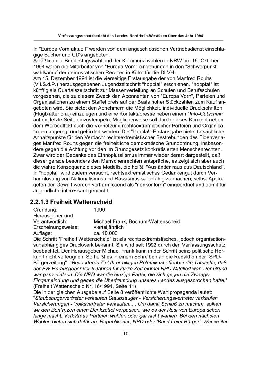 Seite 110 des Verfassungsschutzbericht 1994 Nordrhein-Westfalen