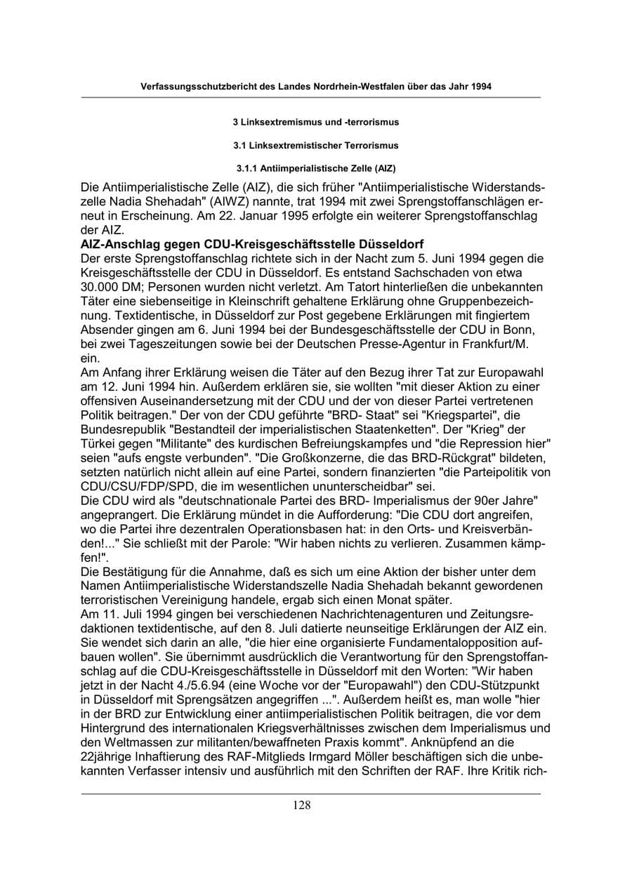 Seite 128 des Verfassungsschutzbericht 1994 Nordrhein-Westfalen