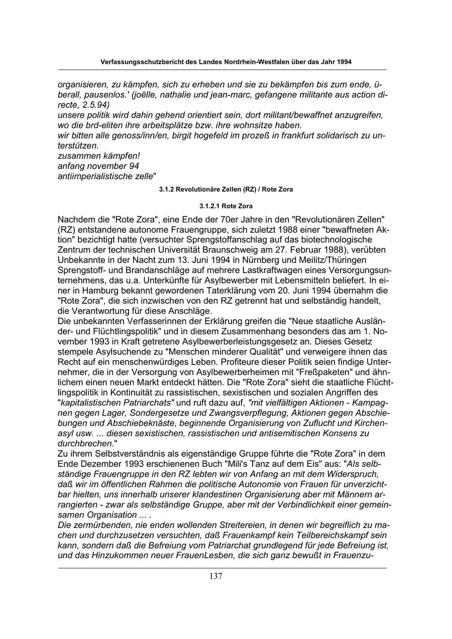 Seite 137 des Verfassungsschutzbericht 1994 Nordrhein-Westfalen