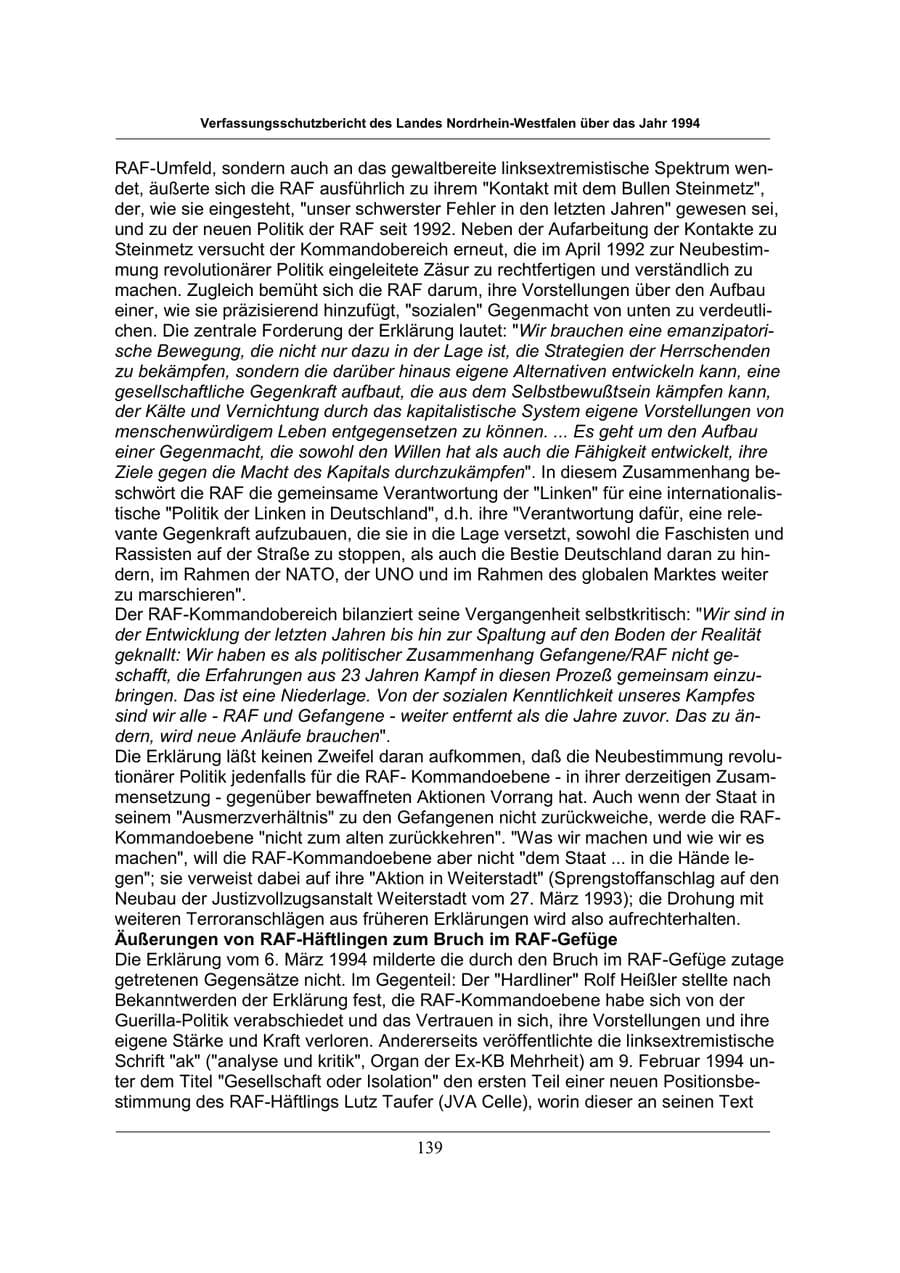 Seite 139 des Verfassungsschutzbericht 1994 Nordrhein-Westfalen