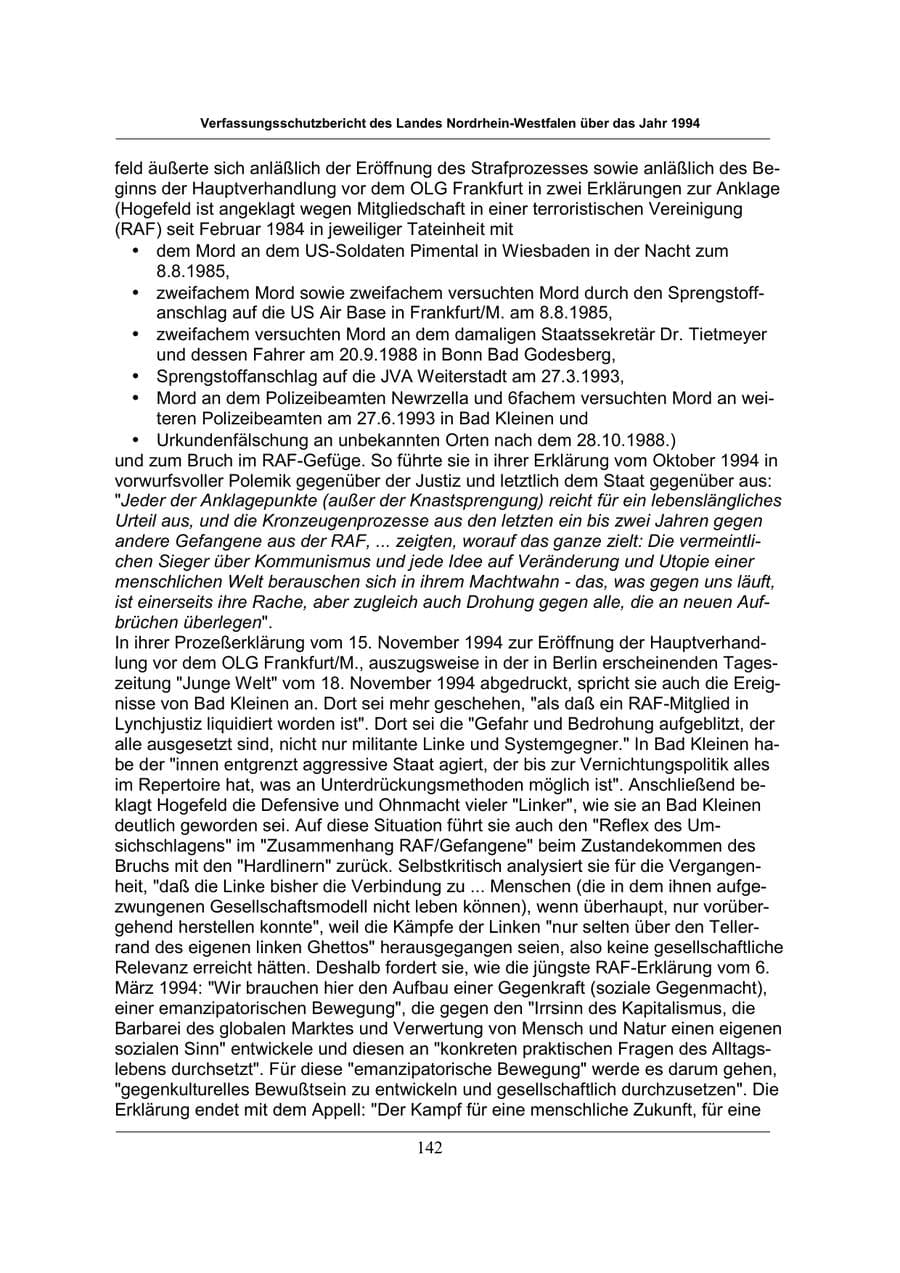 Seite 142 des Verfassungsschutzbericht 1994 Nordrhein-Westfalen