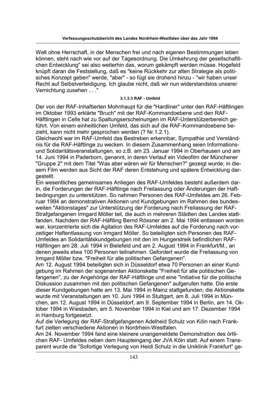 Seite 143 des Verfassungsschutzbericht 1994 Nordrhein-Westfalen