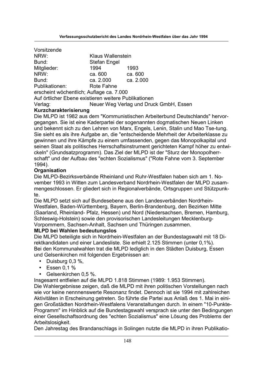 Seite 148 des Verfassungsschutzbericht 1994 Nordrhein-Westfalen