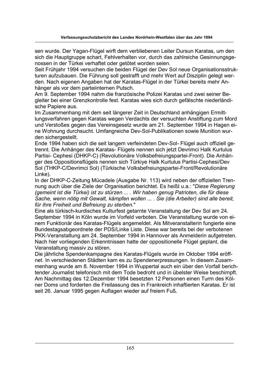 Seite 165 des Verfassungsschutzbericht 1994 Nordrhein-Westfalen