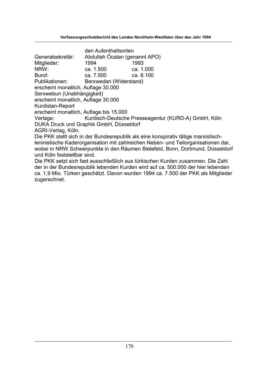Seite 170 des Verfassungsschutzbericht 1994 Nordrhein-Westfalen