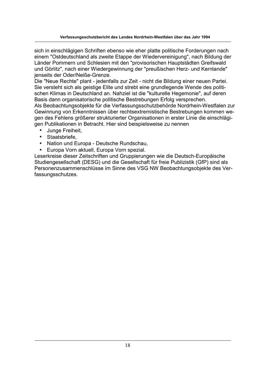 Seite 18 des Verfassungsschutzbericht 1994 Nordrhein-Westfalen