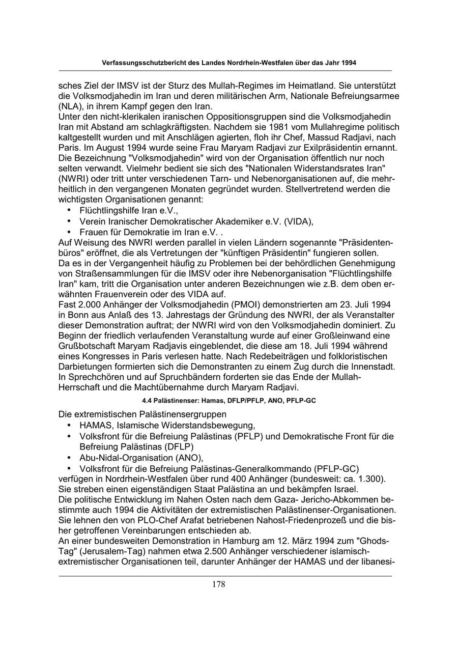 Seite 178 des Verfassungsschutzbericht 1994 Nordrhein-Westfalen