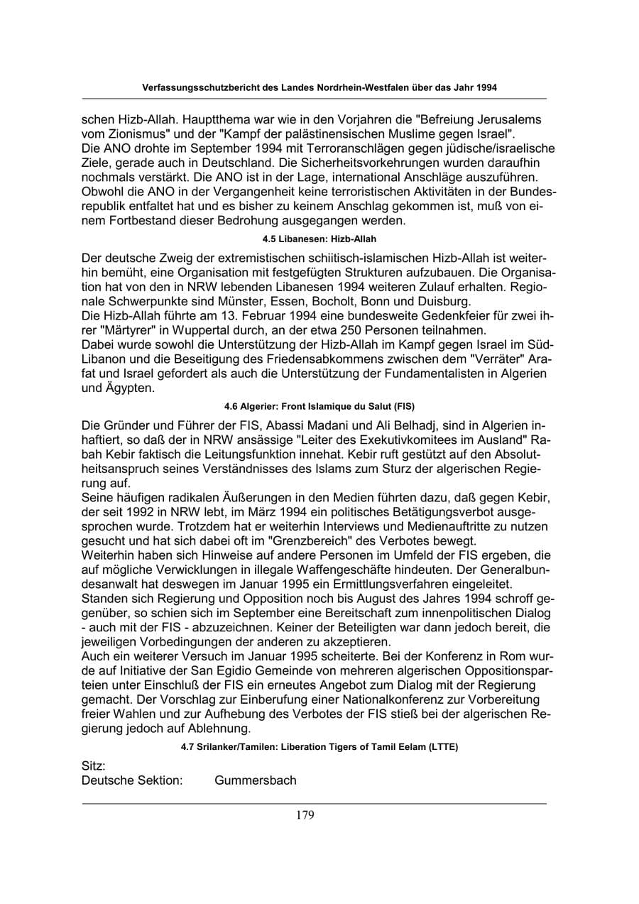 Seite 179 des Verfassungsschutzbericht 1994 Nordrhein-Westfalen