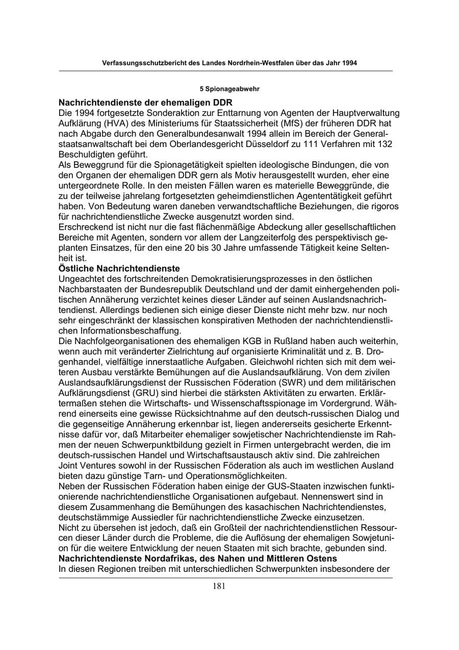 Seite 181 des Verfassungsschutzbericht 1994 Nordrhein-Westfalen