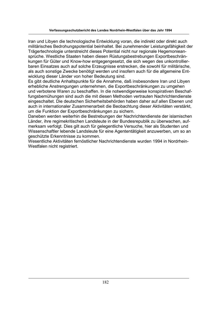 Seite 182 des Verfassungsschutzbericht 1994 Nordrhein-Westfalen