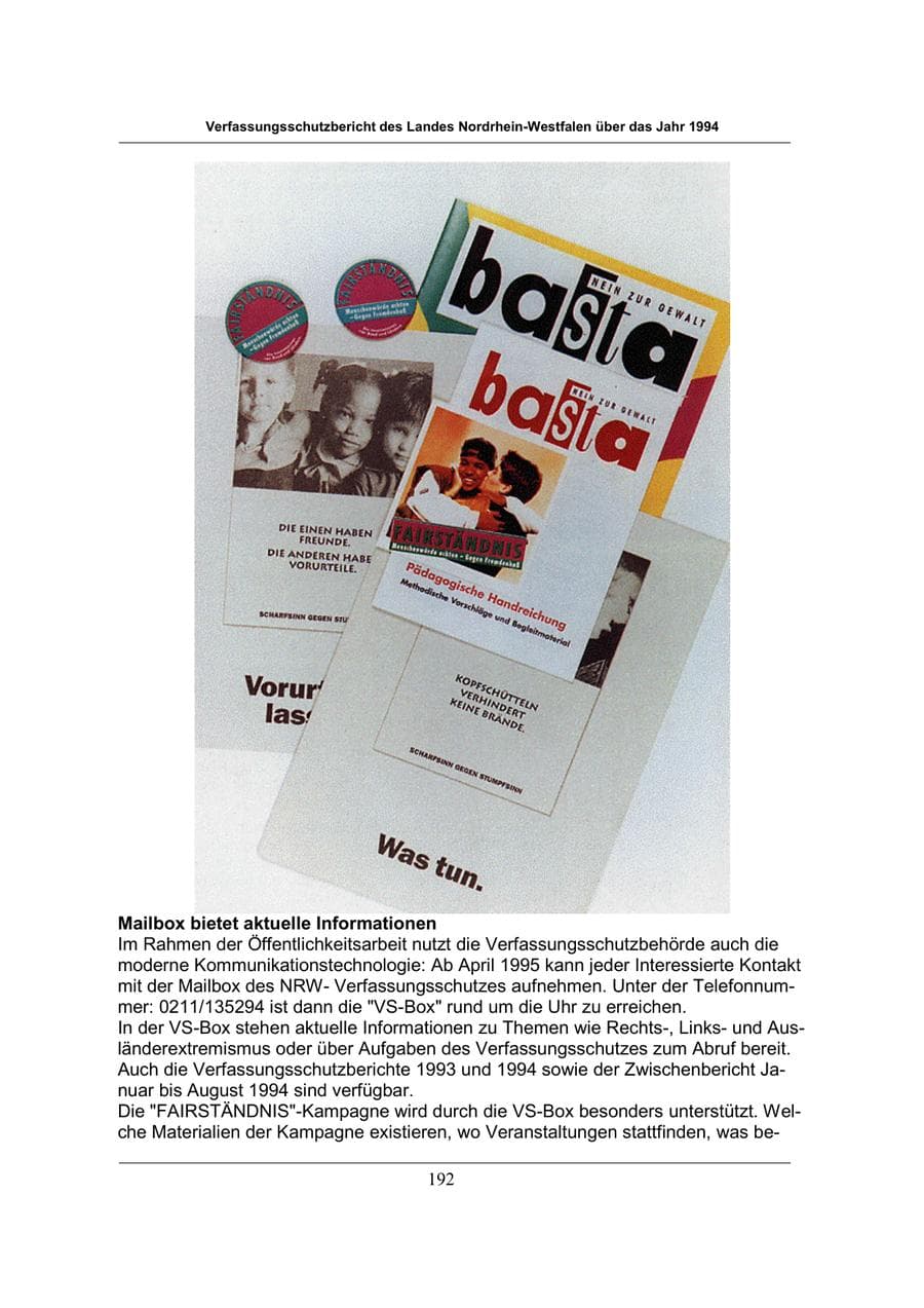 Seite 192 des Verfassungsschutzbericht 1994 Nordrhein-Westfalen