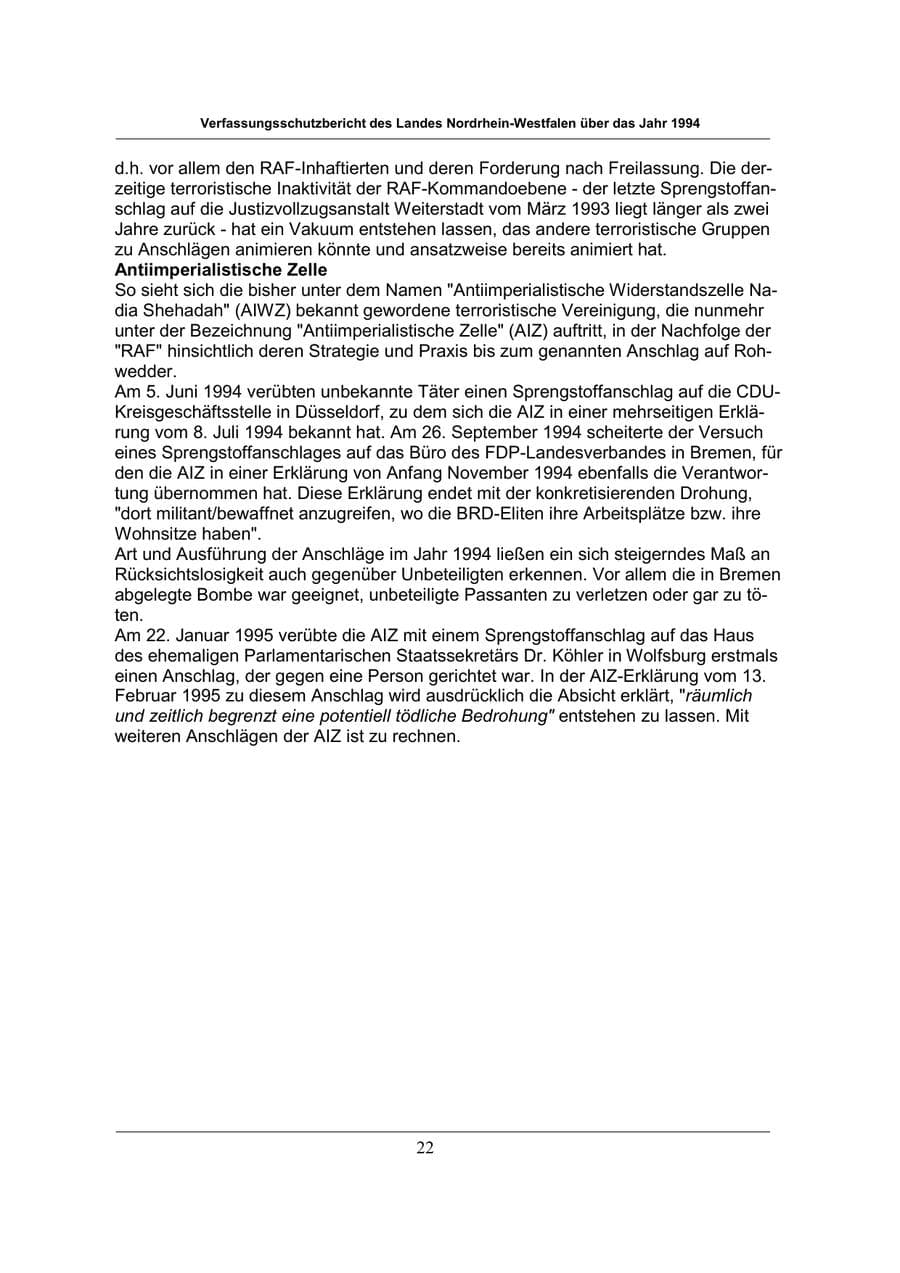 Seite 22 des Verfassungsschutzbericht 1994 Nordrhein-Westfalen