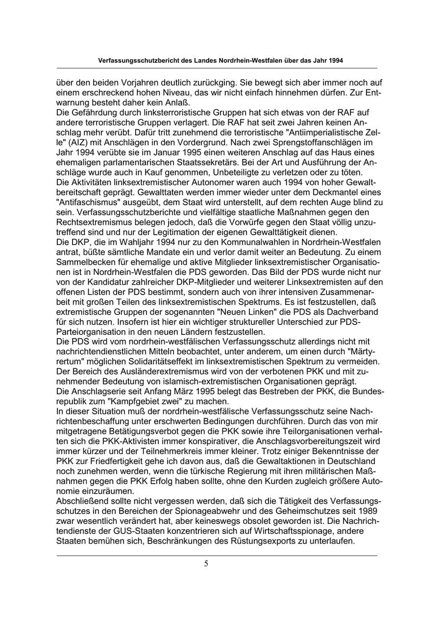 Seite 5 des Verfassungsschutzbericht 1994 Nordrhein-Westfalen