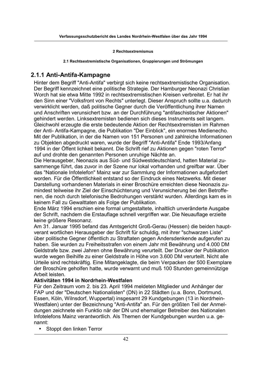 Seite 42 des Verfassungsschutzbericht 1994 Nordrhein-Westfalen