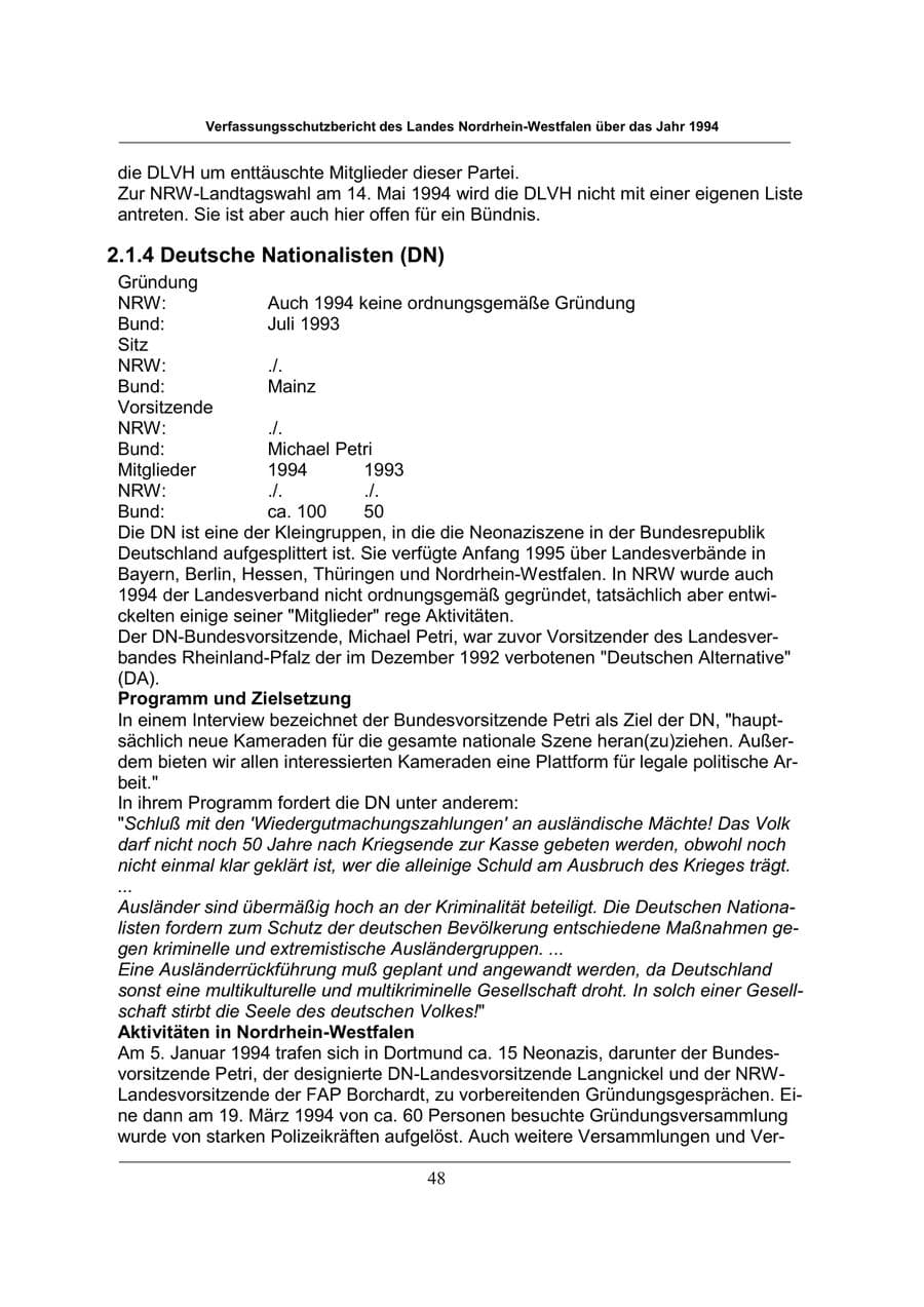 Seite 48 des Verfassungsschutzbericht 1994 Nordrhein-Westfalen