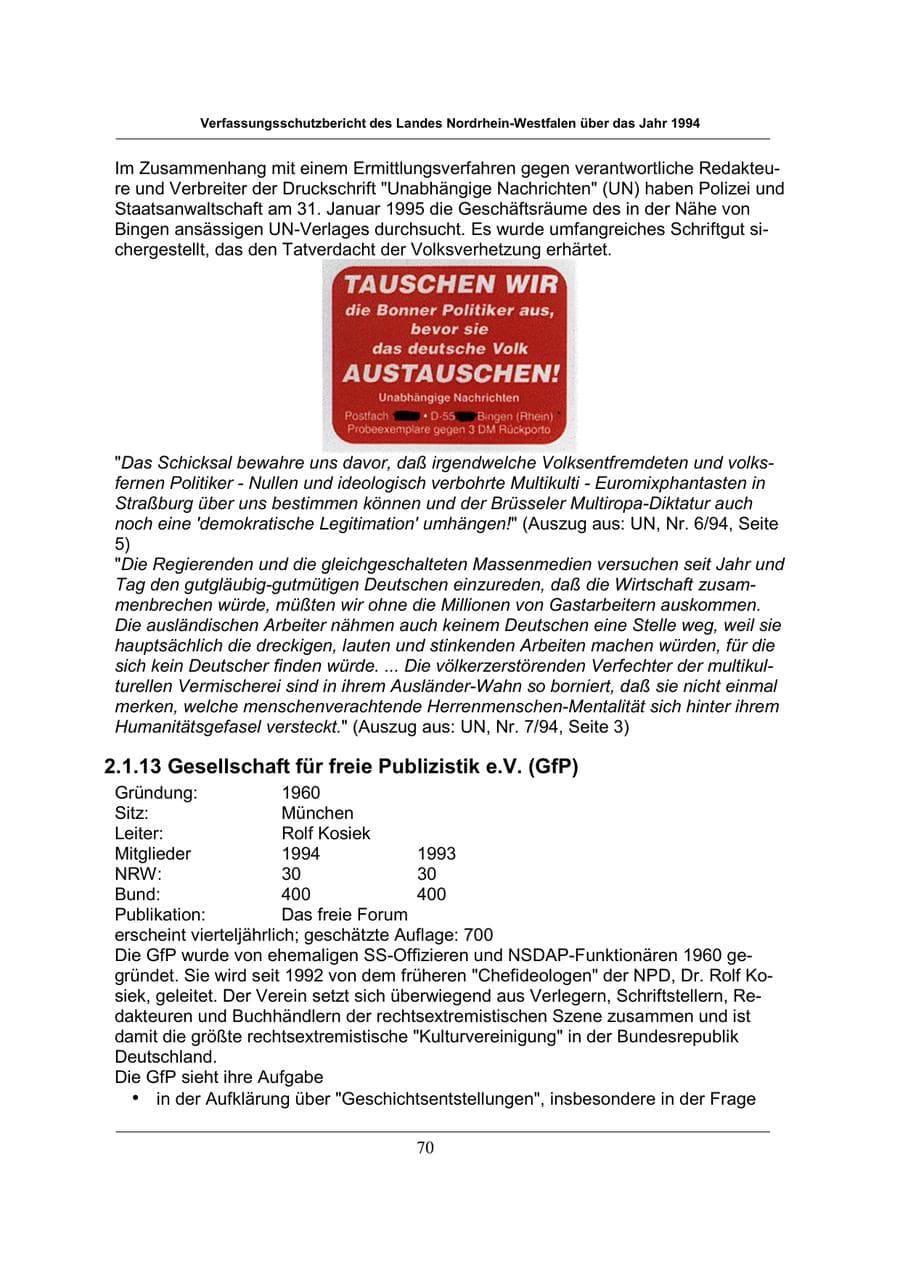 Seite 70 des Verfassungsschutzbericht 1994 Nordrhein-Westfalen