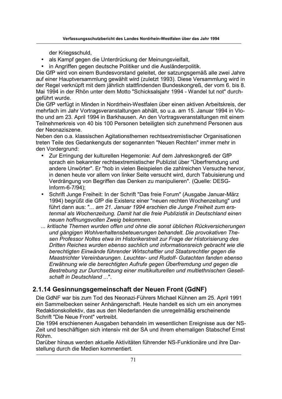 Seite 71 des Verfassungsschutzbericht 1994 Nordrhein-Westfalen