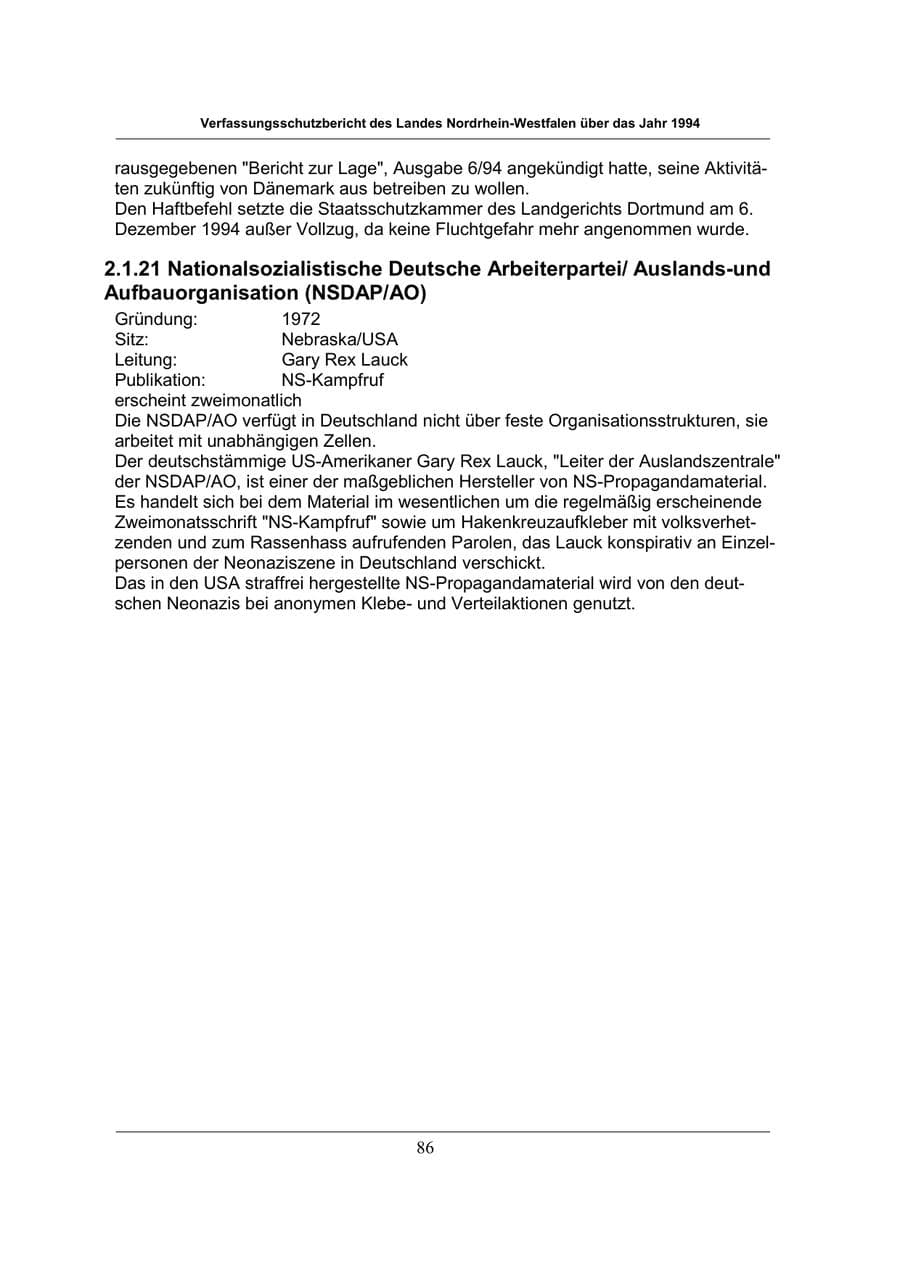 Seite 86 des Verfassungsschutzbericht 1994 Nordrhein-Westfalen