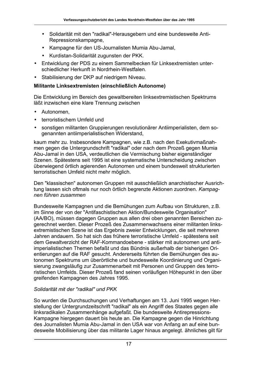 Seite 17 des Verfassungsschutzbericht 1995 Nordrhein-Westfalen