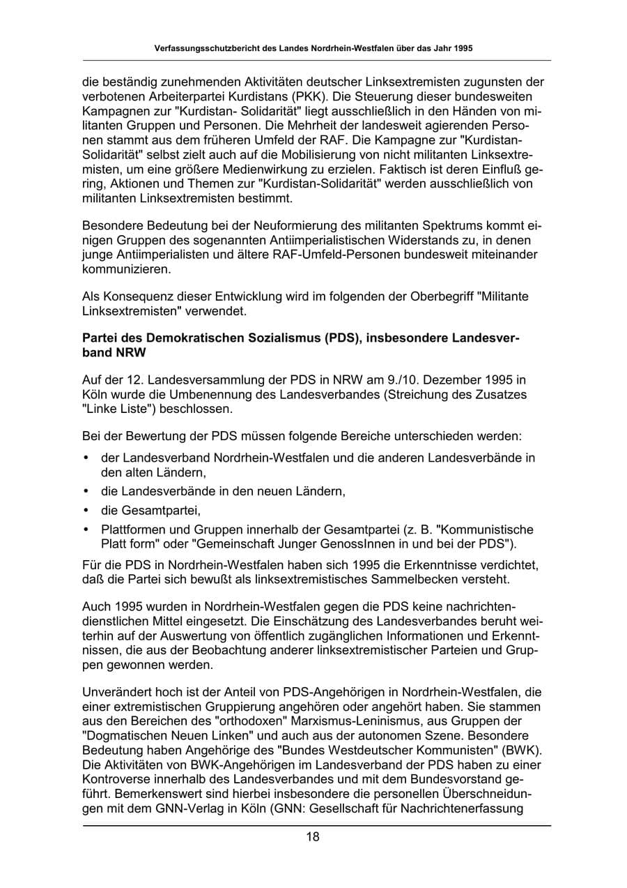 Seite 18 des Verfassungsschutzbericht 1995 Nordrhein-Westfalen