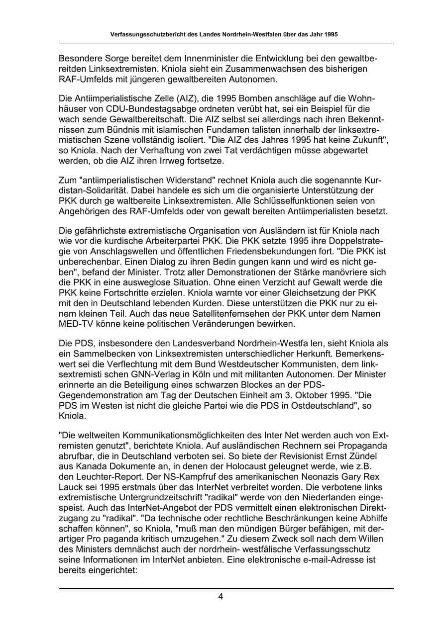 Seite 4 des Verfassungsschutzbericht 1995 Nordrhein-Westfalen