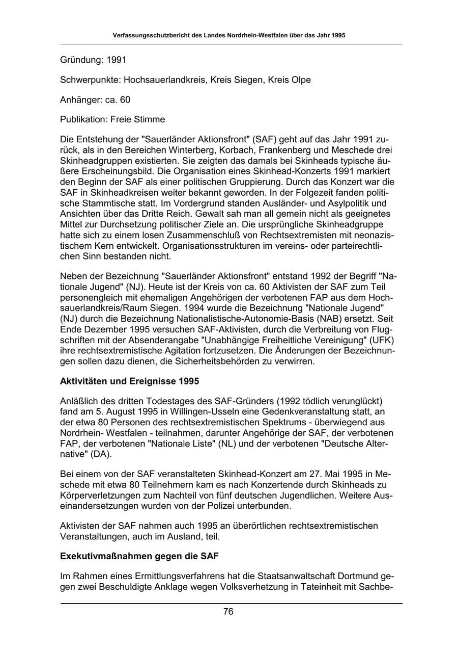 Seite 76 des Verfassungsschutzbericht 1995 Nordrhein-Westfalen