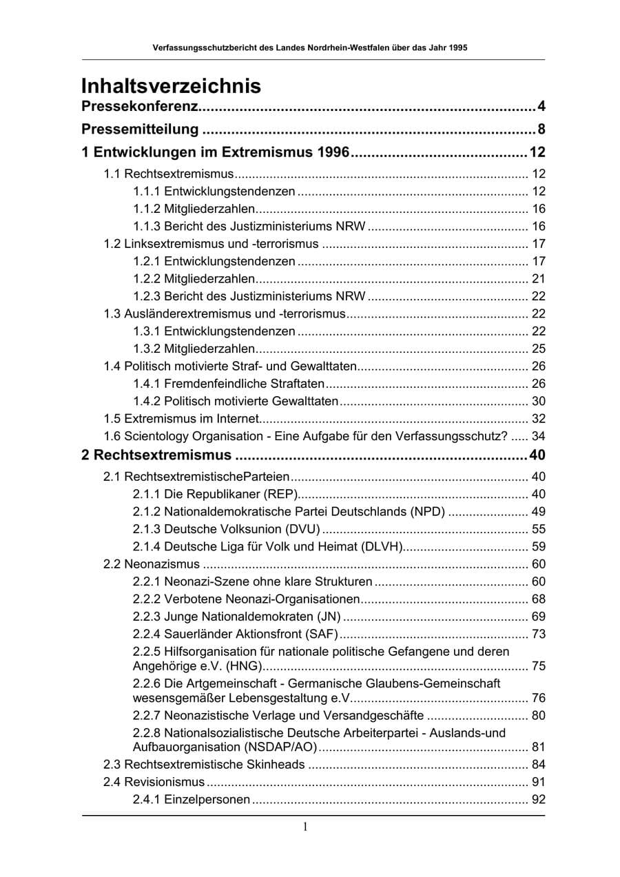 Seite 1 des Verfassungsschutzbericht 1996 Nordrhein-Westfalen