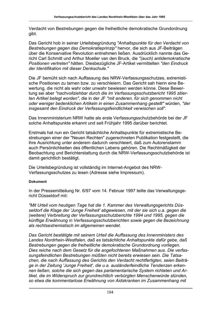 Seite 104 des Verfassungsschutzbericht 1996 Nordrhein-Westfalen