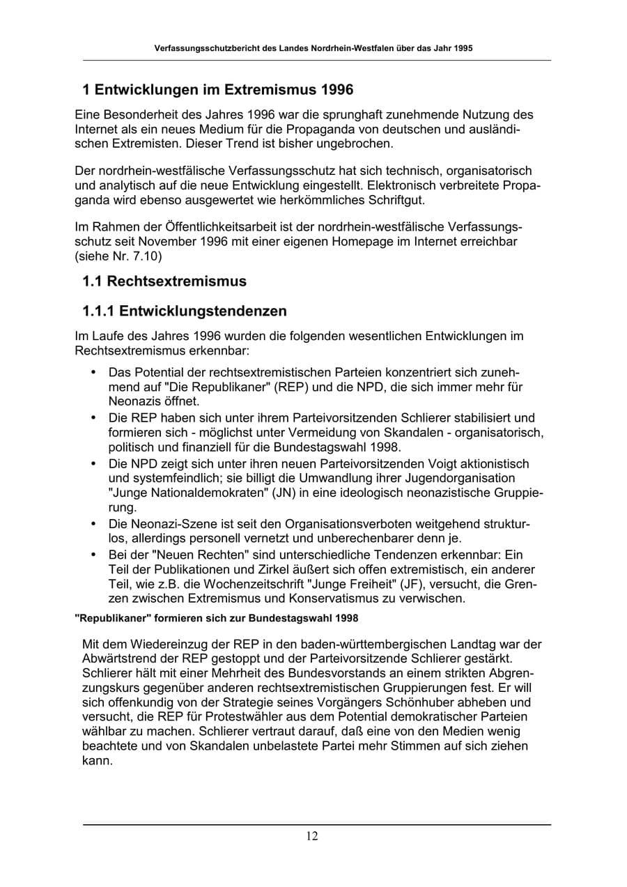 Seite 12 des Verfassungsschutzbericht 1996 Nordrhein-Westfalen