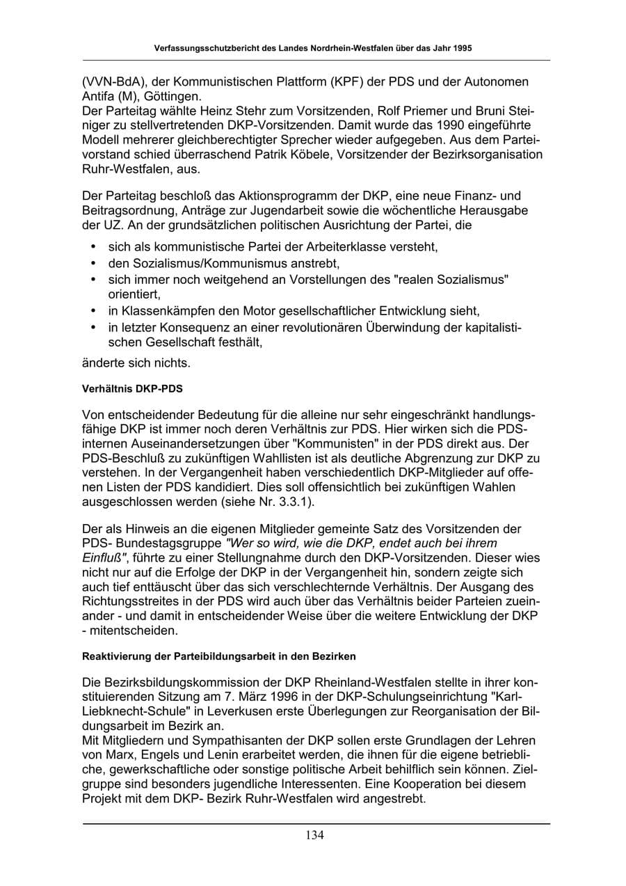 Seite 134 des Verfassungsschutzbericht 1996 Nordrhein-Westfalen