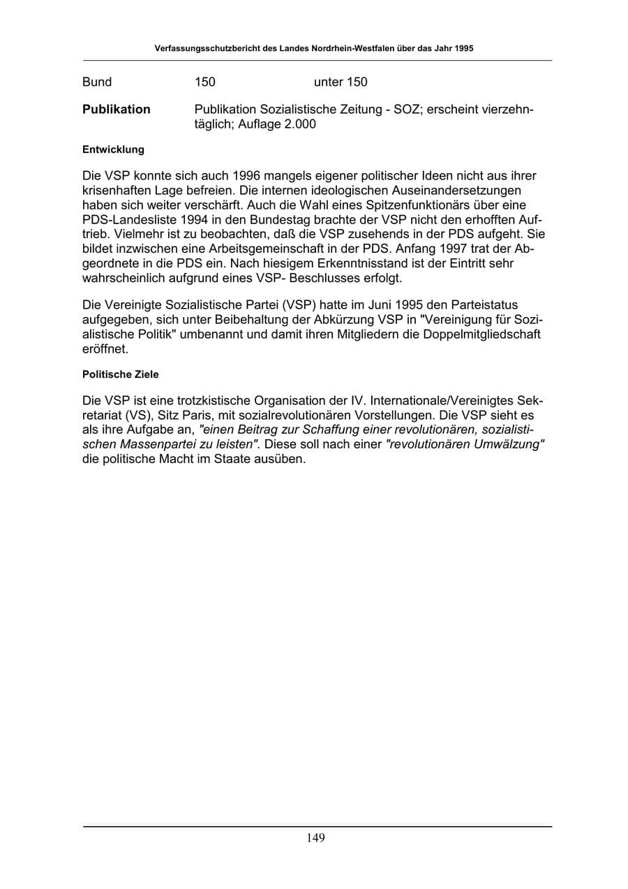 Seite 149 des Verfassungsschutzbericht 1996 Nordrhein-Westfalen