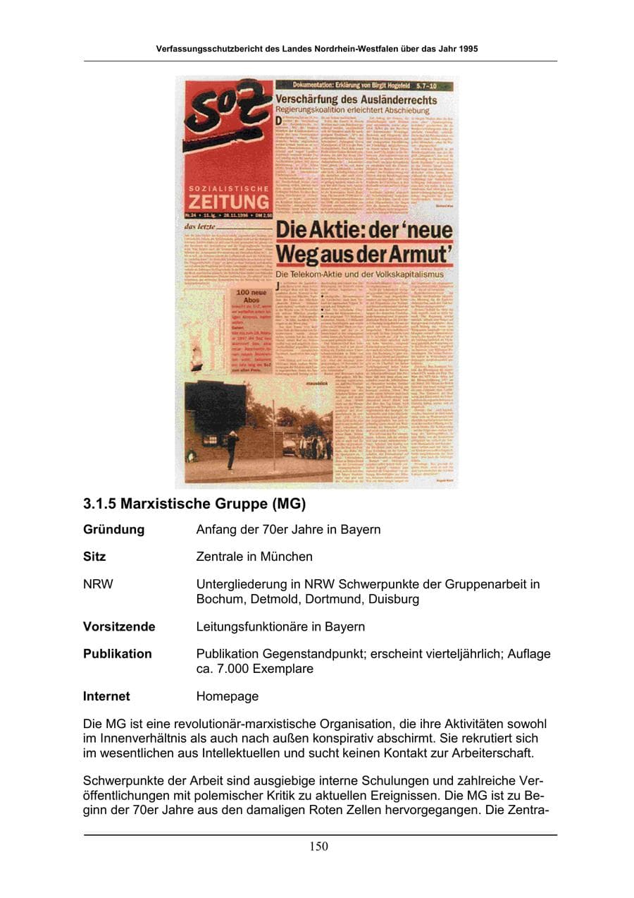 Seite 150 des Verfassungsschutzbericht 1996 Nordrhein-Westfalen