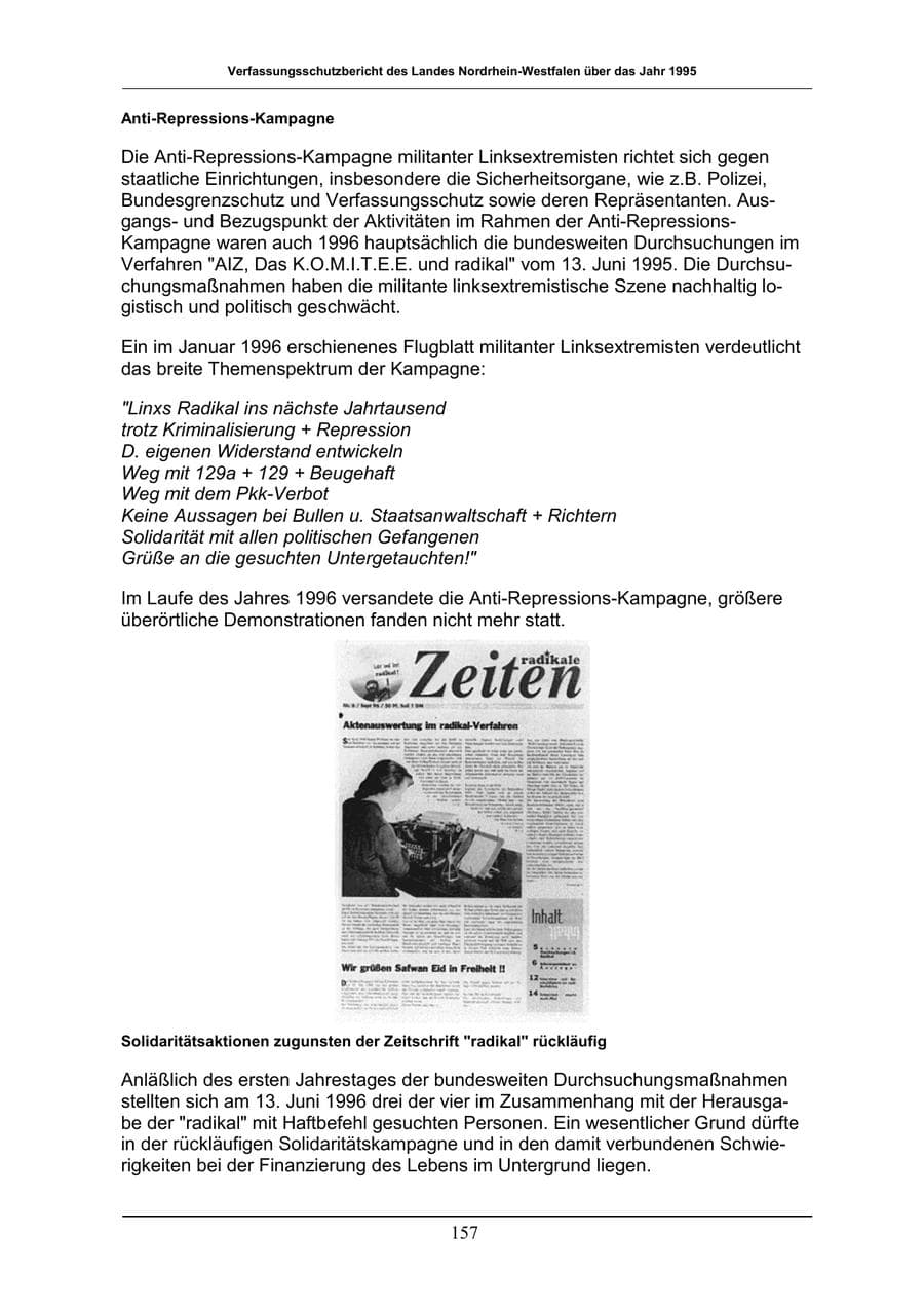 Seite 157 des Verfassungsschutzbericht 1996 Nordrhein-Westfalen