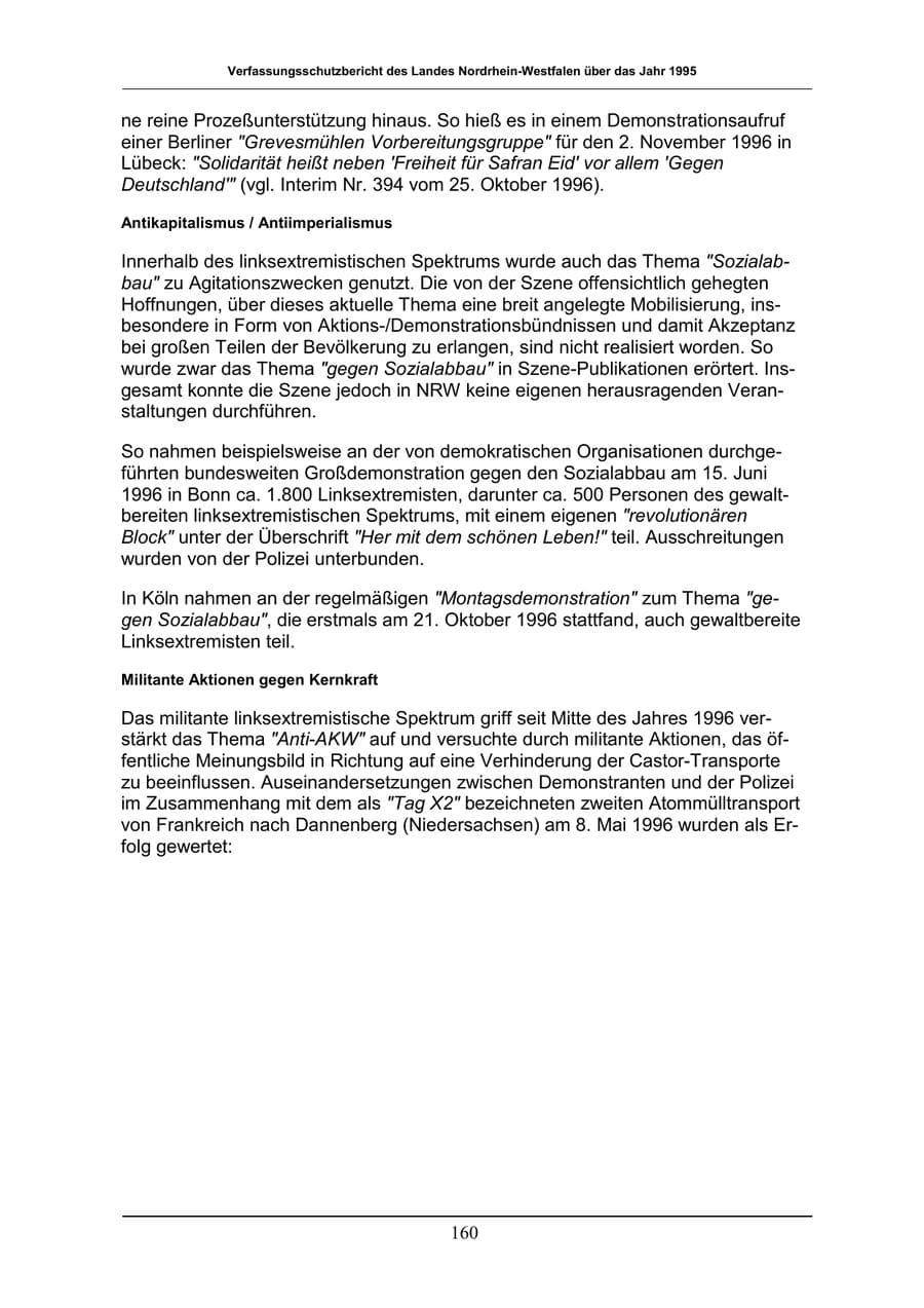 Seite 160 des Verfassungsschutzbericht 1996 Nordrhein-Westfalen
