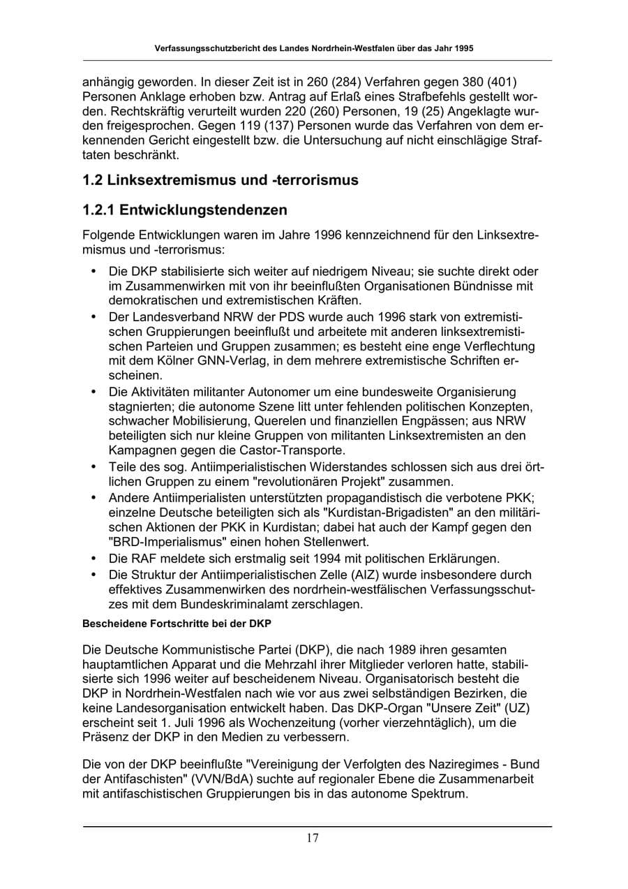 Seite 17 des Verfassungsschutzbericht 1996 Nordrhein-Westfalen