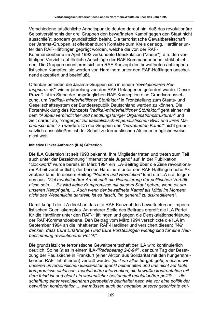 Seite 169 des Verfassungsschutzbericht 1996 Nordrhein-Westfalen