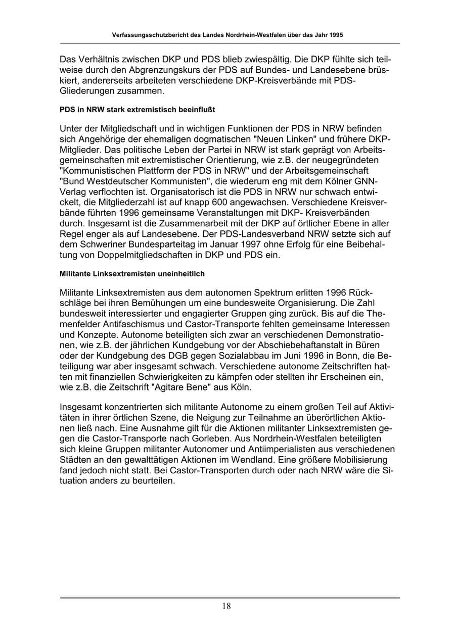 Seite 18 des Verfassungsschutzbericht 1996 Nordrhein-Westfalen