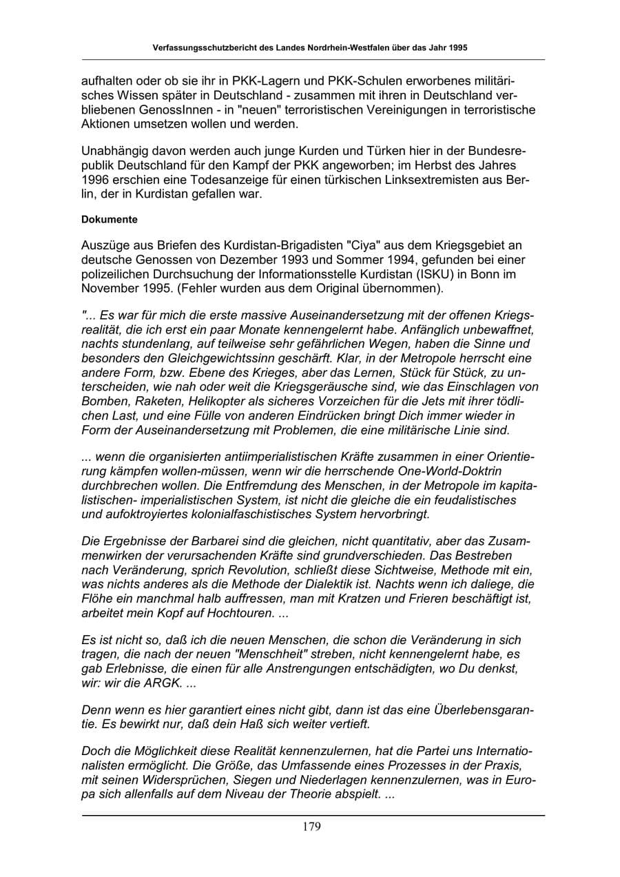 Seite 179 des Verfassungsschutzbericht 1996 Nordrhein-Westfalen